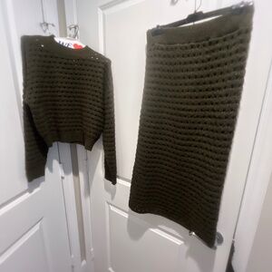 Mango green knitted sweater and pencil skirt set